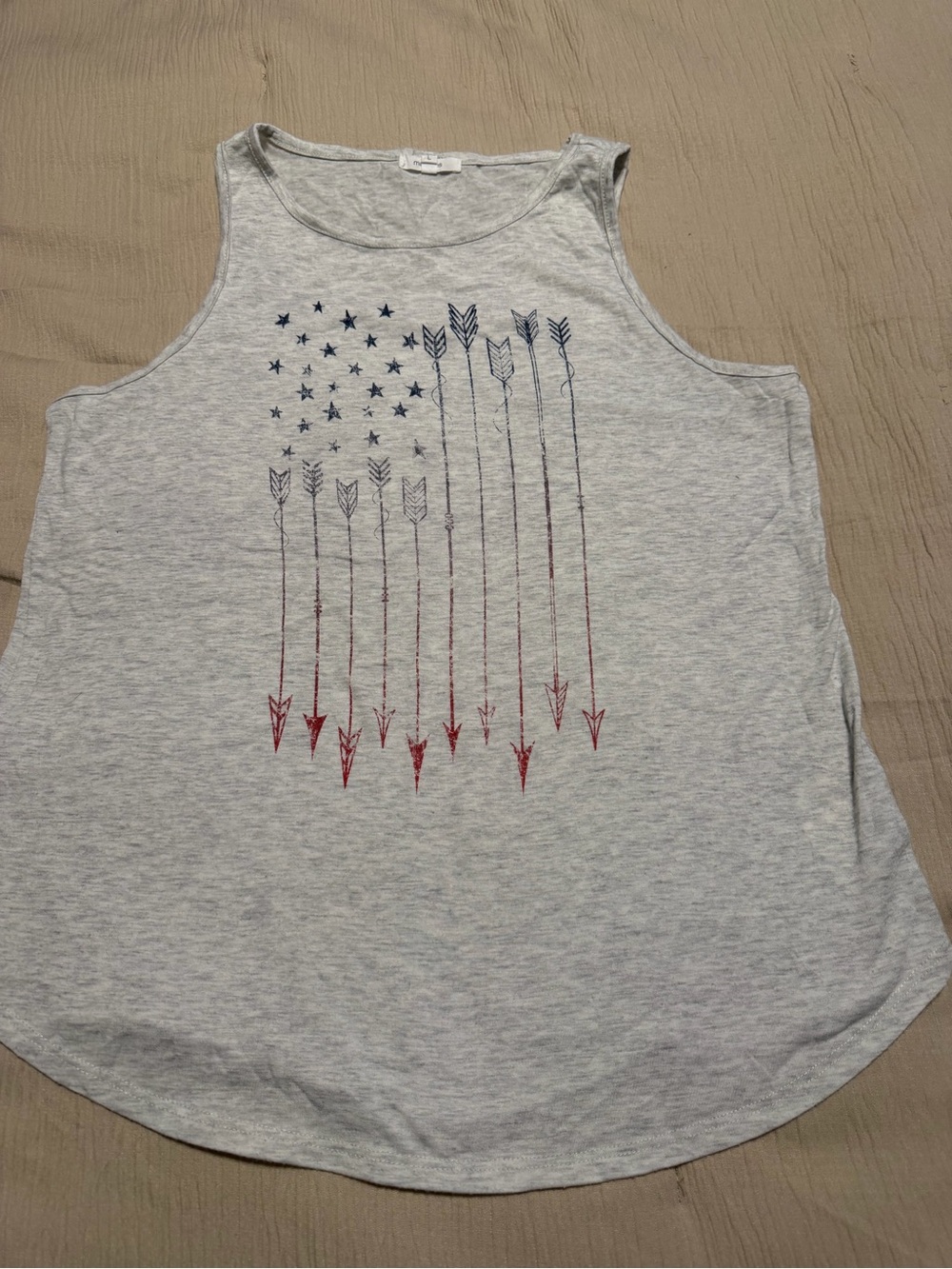 Maurices Sleeveless Gray Graphic Tank Top with Red & Blue Arrow Flag